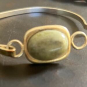 Vintage Handmade Thin Gold plated Cuff Bracelet with Opaque Green Oval Cabochon